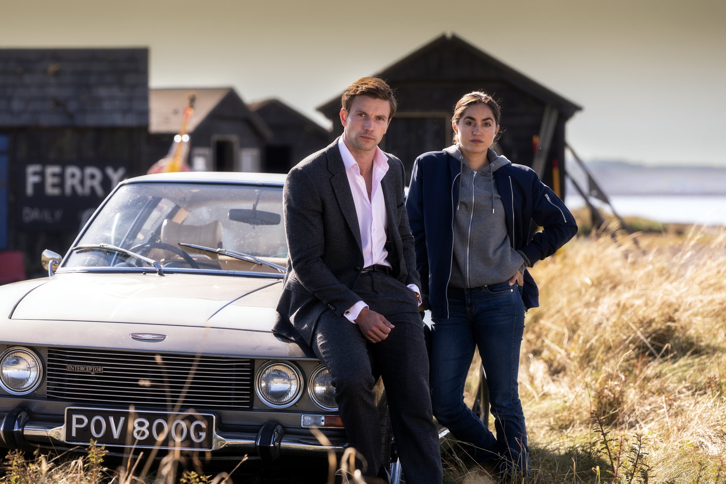 Leo Suter and Sofia Barclay as Lynley and Havers with the Jensen