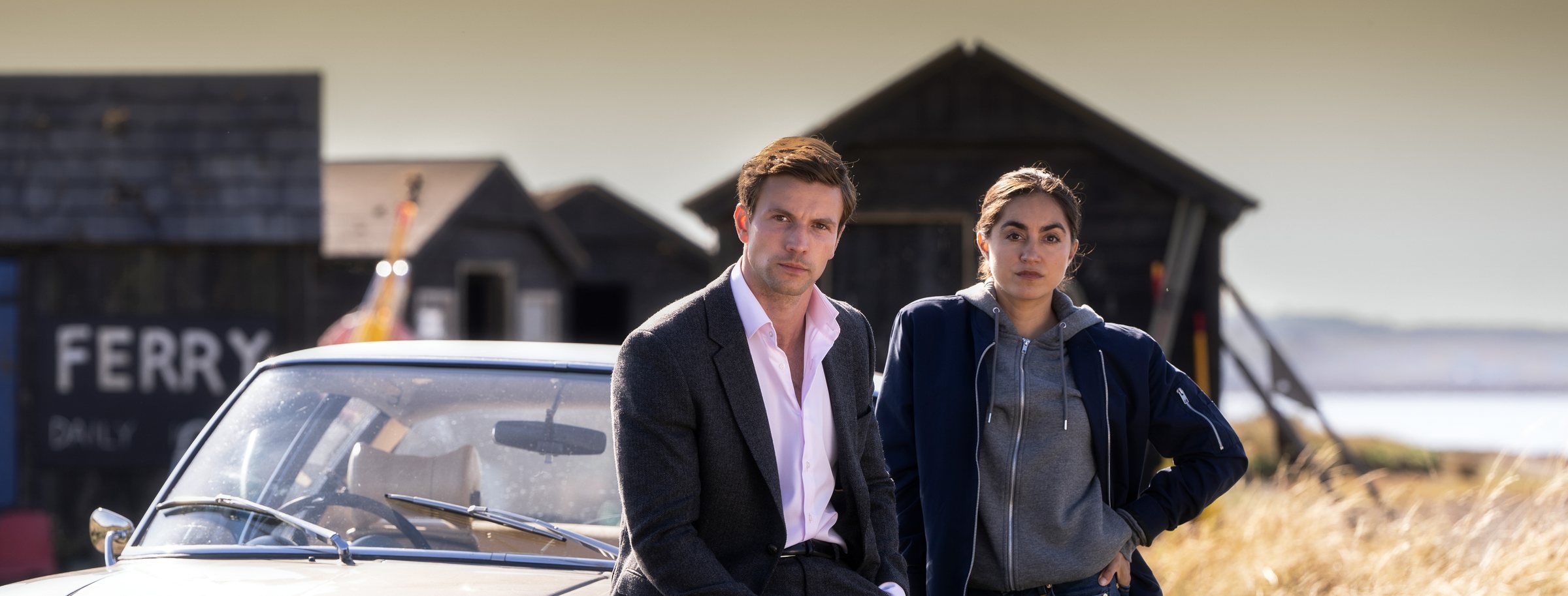 Leo Suter and Sofia Barclay as Lynley and Havers with the Jensen