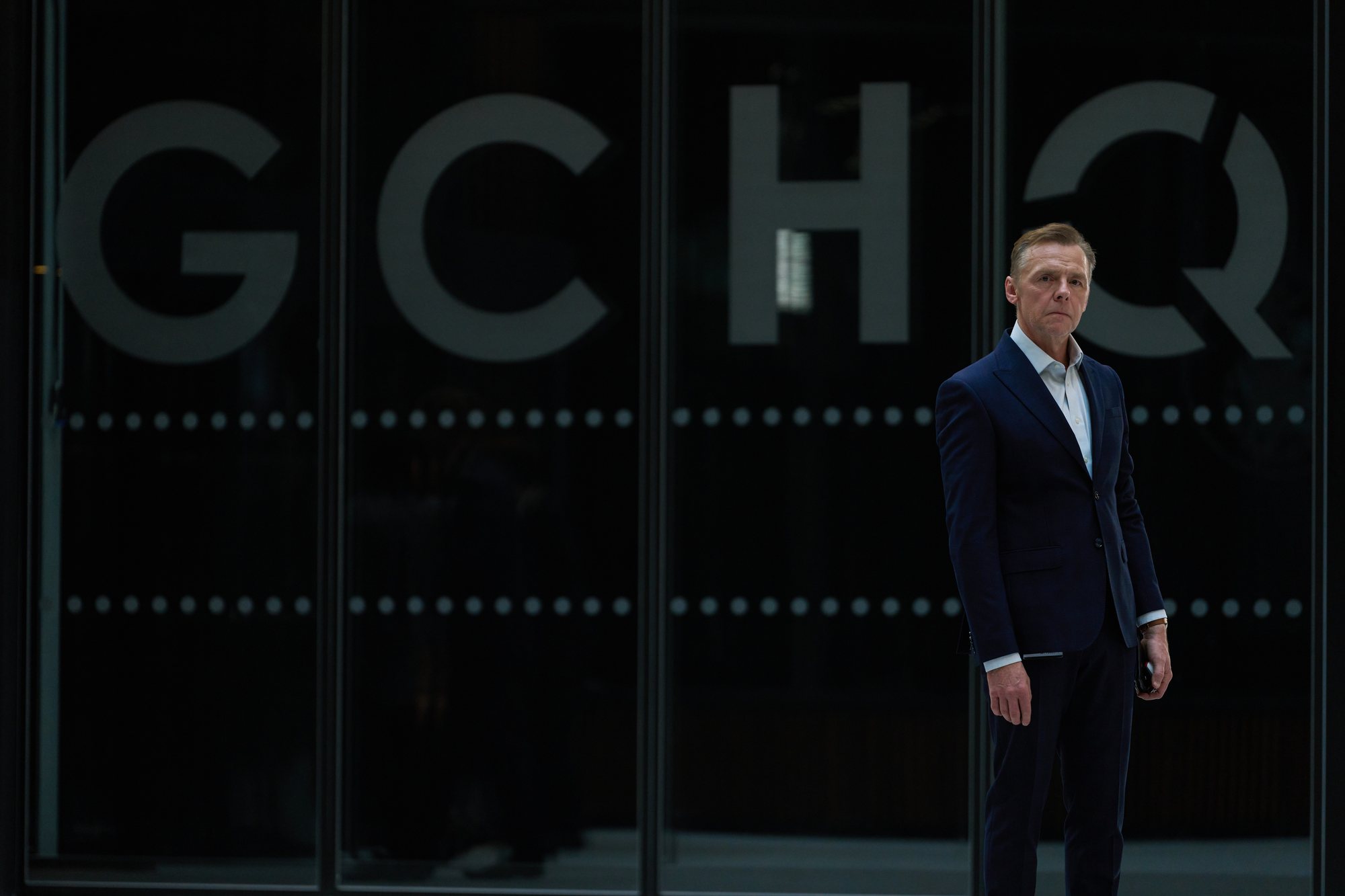 Simon Pegg as Danny Patrick outside GCHQ — The Undeclared War