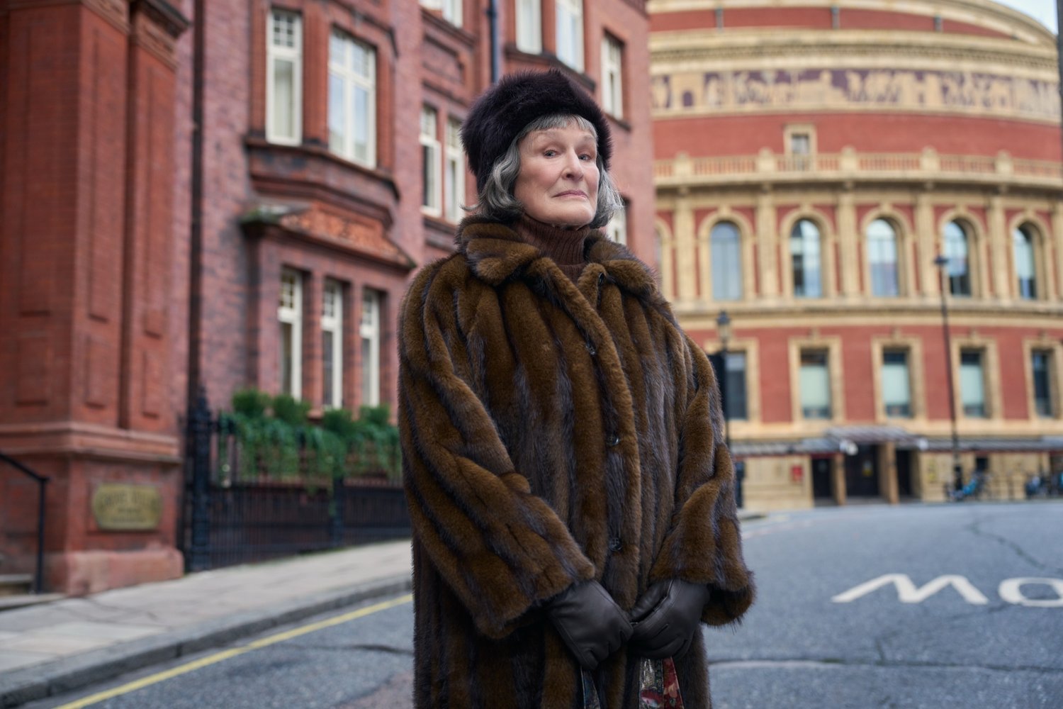 Glenn Close as Maud Oldcastle outside the Royal Albert Hall in Up To No Good
