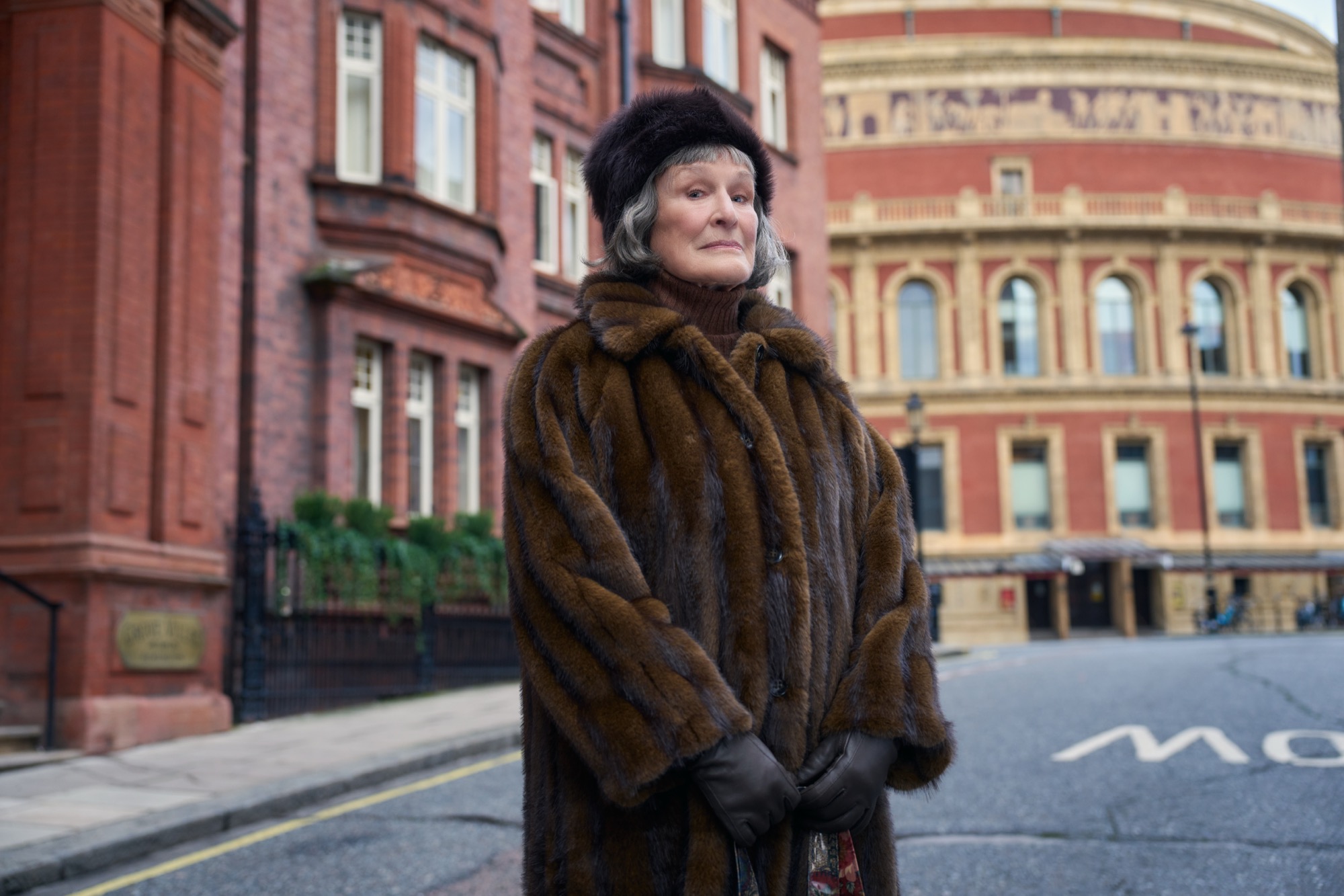 Glenn Close as Maud Oldcastle outside the Royal Albert Hall in Up To No Good